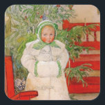 クリスマスの木と毛皮の子供 スクエアシール<br><div class="desc">毛皮の白いコート、帽子、マフのかわいい小さな女の子。彼女の顔に厳粛な表情でクリスマスツリーの前に立つ。スウェーデンのアーティスト、カール・ラルソンによるヴィンテージの休日の画像。</div>