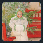 クリスマスの木と毛皮の子供 スクエアシール<br><div class="desc">毛皮の白いコート、帽子、マフのかわいい小さな女の子。彼女の顔に厳粛な表情でクリスマスツリーの前に立つ。スウェーデンのアーティスト、カール・ラルソンによるヴィンテージの休日の画像。</div>