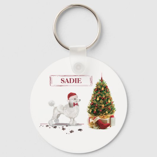 クリスマスの木と白のプードル キーホルダー (正面)