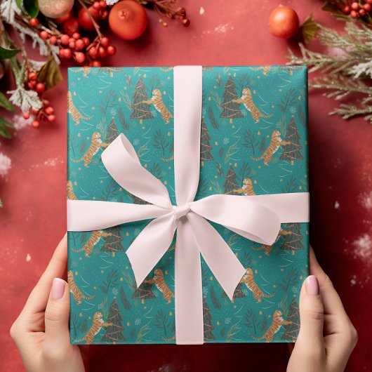 クリスマスの木と虎のパターンターコイズ ラッピングペーパー