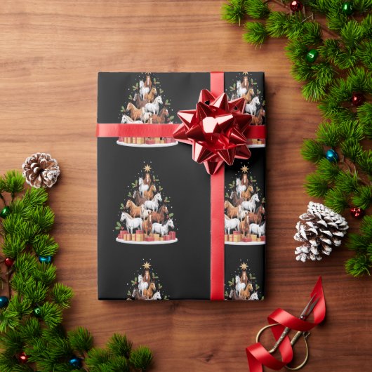 クリスマスの木と馬のギフト ラッピングペーパー (クリスマスギフト)