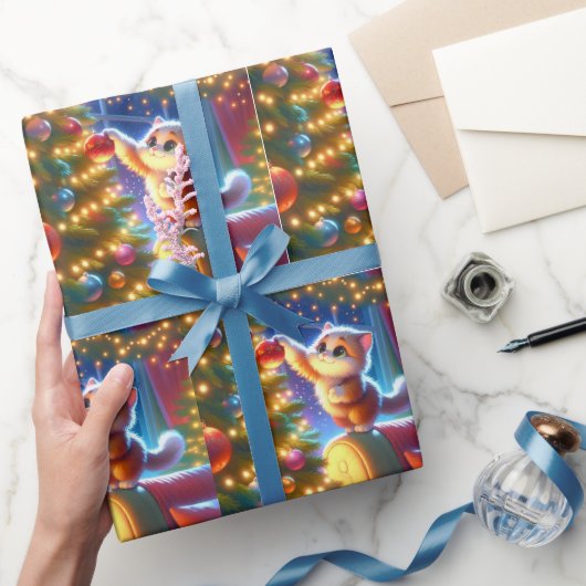 クリスマスの木にソファ飾に立つ猫 ラッピングペーパー (ギフト)