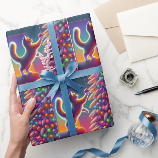 クリスマスの木にソファ飾に立つ猫 ラッピングペーパー (ギフト)