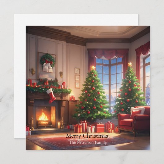 クリスマスの木にプレゼントと暖炉 シーズンカード (正面/裏面)