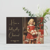 クリスマスの木にプレゼントのあるヴィンテージの女の子 シーズンカード (スタンド正面)