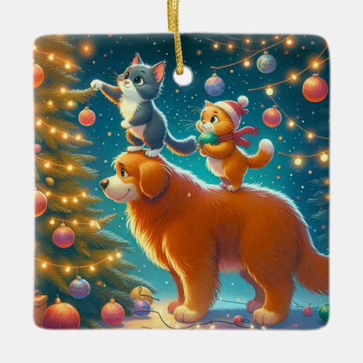 クリスマスの木に犬の飾上に立つ猫 セラミックオーナメント (正面)