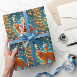 クリスマスの木に犬の飾上に立つ猫 ラッピングペーパー