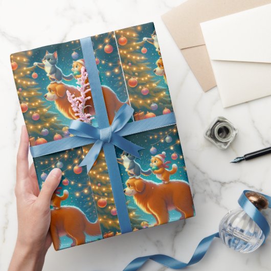 クリスマスの木に犬の飾上に立つ猫 ラッピングペーパー (ギフト)