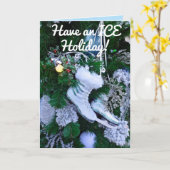 クリスマスの木に青いグリッターと毛皮のアイススケート カード (黄色い花)