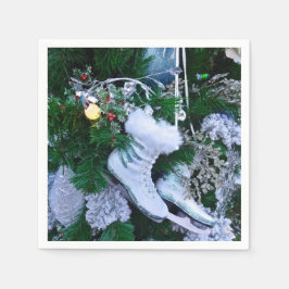 クリスマスの木に青いグリッターと毛皮のアイススケート スタンダードカクテルナプキン