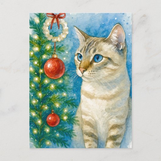 クリスマスの木のそばの猫 ポストカード (正面)