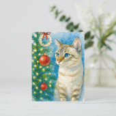 クリスマスの木のそばの猫 ポストカード (スタンド正面)
