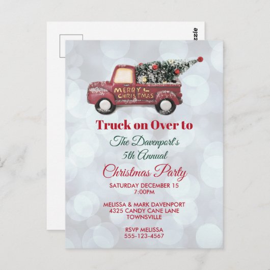 クリスマスの木のパーティーが付いている赤いクリスマスの配達用トラック ポストカード (正面/裏面)