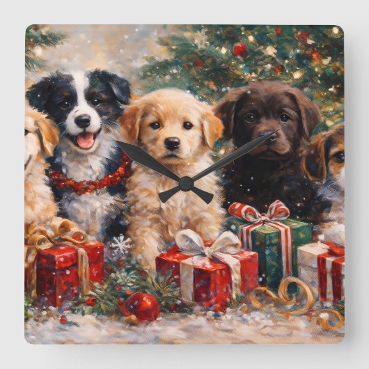 クリスマスの木の下でプレゼントを前にした子犬たち スクエア壁時計 (正面)
