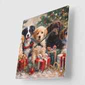 クリスマスの木の下でプレゼントを前にした子犬たち スクエア壁時計 (傾斜)