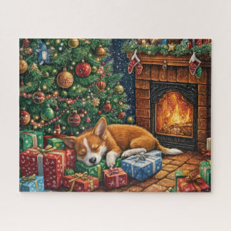 クリスマスの木の下で眠る可愛い野良犬 ジグソーパズル