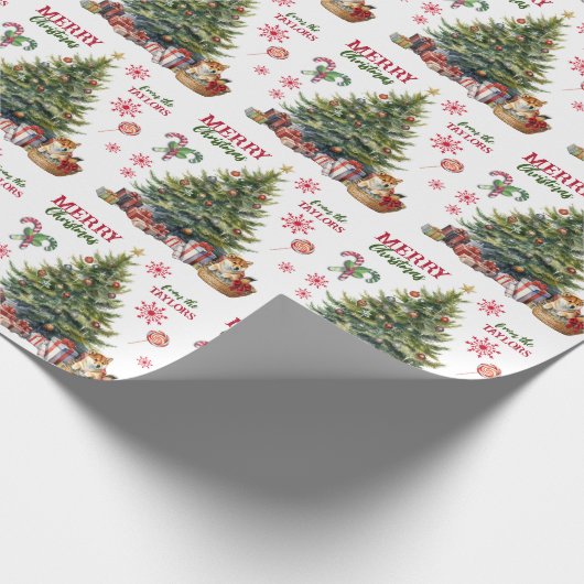クリスマスの木の下にかわいい柴犬の子犬 ラッピングペーパー (角)
