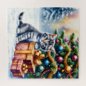 クリスマスの木の下の可愛い子猫 ジグソーパズル (横)