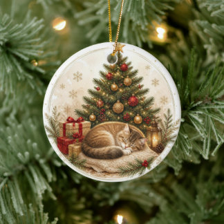 クリスマスの木の下の猫のオーナメント セラミックオーナメント