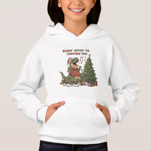 クリスマスの木の周りで吠える面白いティラノサウルス (正面)