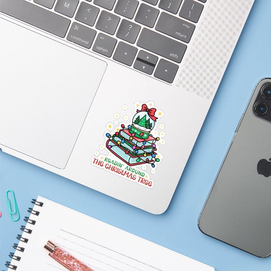 クリスマスの木の周りで読書  シール (ノートパソコンとiPhone)