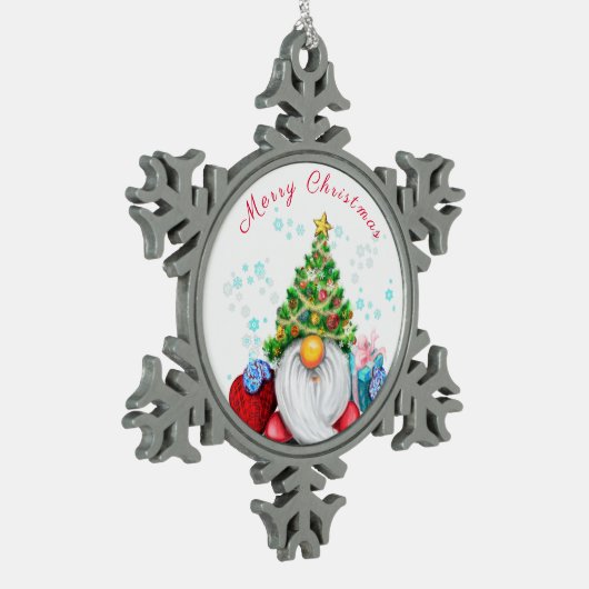 クリスマスの木の帽子とギフトと可愛い格言 スノーフレークピューターオーナメント (左)