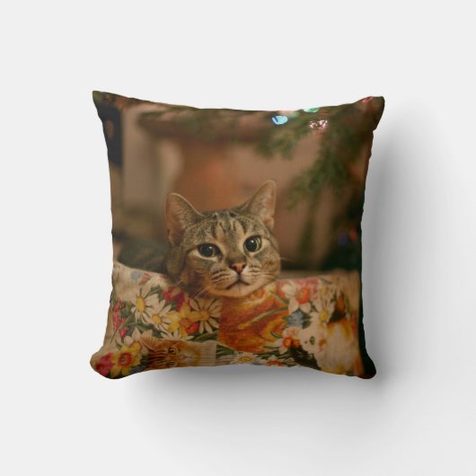 クリスマスの木の後ろから見る子猫 クッション (正面)