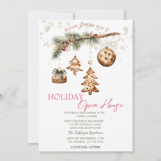 クリスマスの木の枝、装飾、星 オープンハウス 招待状 (正面)