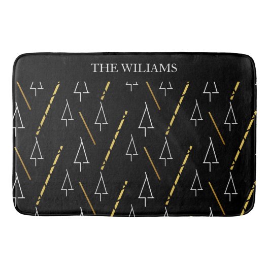 クリスマスの木の模様(黒、白、金ゴールド) バスマット (正面)