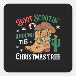 クリスマスの木をブーツでスライドするカウボーイ クリスマス スクエアシール