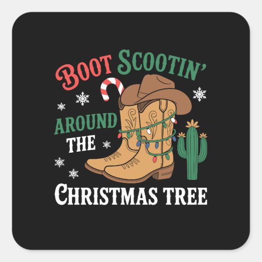 クリスマスの木をブーツでスライドするカウボーイ クリスマス スクエアシール (正面)