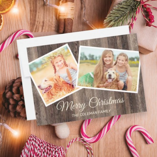 クリスマスの木製2枚写真入り カード