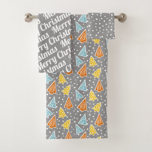 クリスマスの木「メリークリスマス」雪の灰色の素朴な バスタオルセット (インサイチュ)