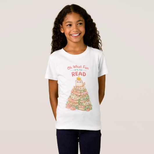 クリスマスの本を読むのが楽しい 可愛い猫 Tシャツ (正面フル)