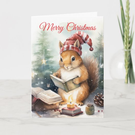 クリスマスの本を読むリス シーズンカード (正面)