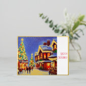 クリスマスの村と人とオーナメント 箔シーズンポストカード (立ち正面)