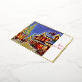 クリスマスの村と人とオーナメント 箔シーズンポストカード (回転した状態)