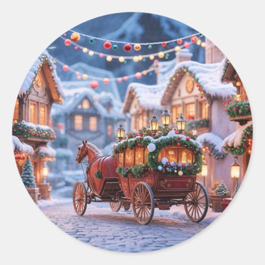 クリスマスの村のイラスト ラウンドシール (正面)