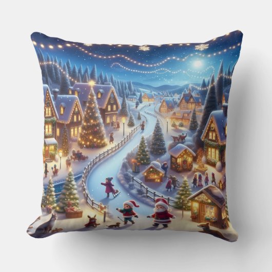 クリスマスの村の冬の夜 クッション (正面)