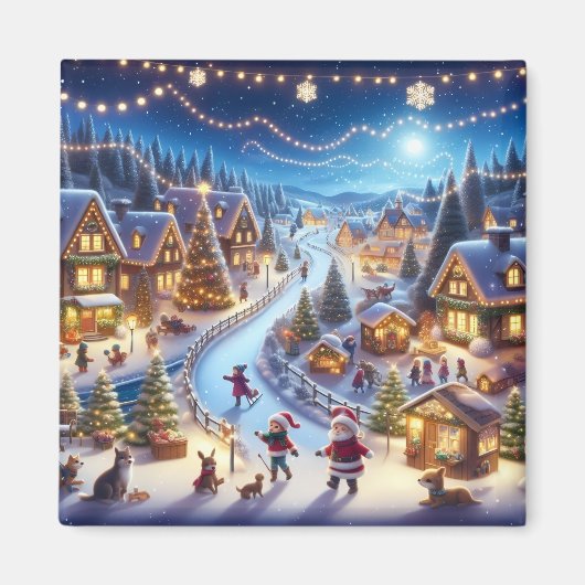 クリスマスの村の冬の夜 マグネット (正面)