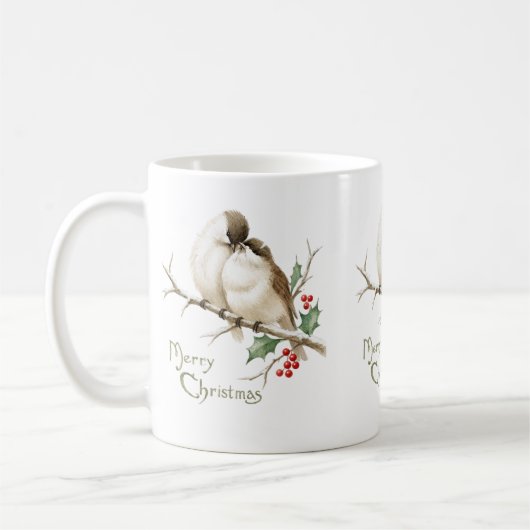 クリスマスの枝にとまるスズメ コーヒーマグカップ (左)