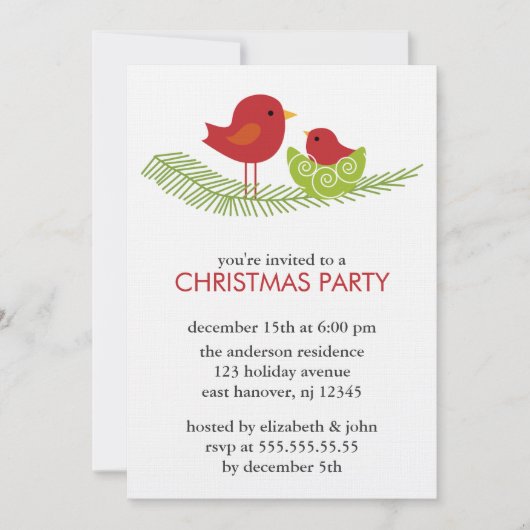 クリスマスの枝に鳥が咲くパーティの招待状 招待状 (正面)