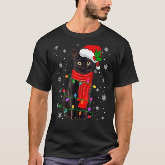 クリスマスの格好が下手な黒猫 サンタ帽子 マフラー ホリデー Tシャツ (正面)