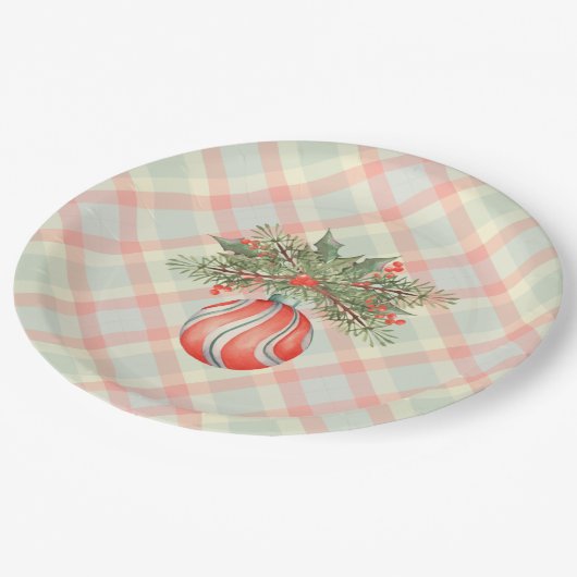 クリスマスの格子模様のカスタム水色オーナメント ペーパープレート (アングル)