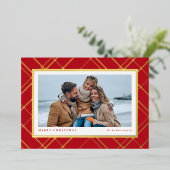 クリスマスの格子模様の赤い金ゴールドのワンフォトファミリー 箔シーズンカード (立ち正面)