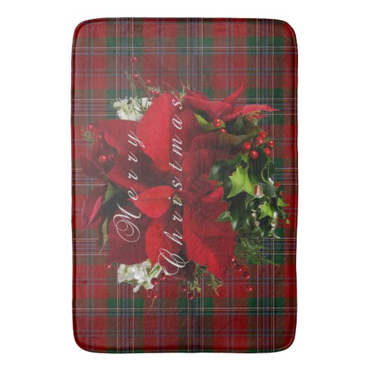 クリスマスの格子縞のポインセチア バスマット (正面縦)