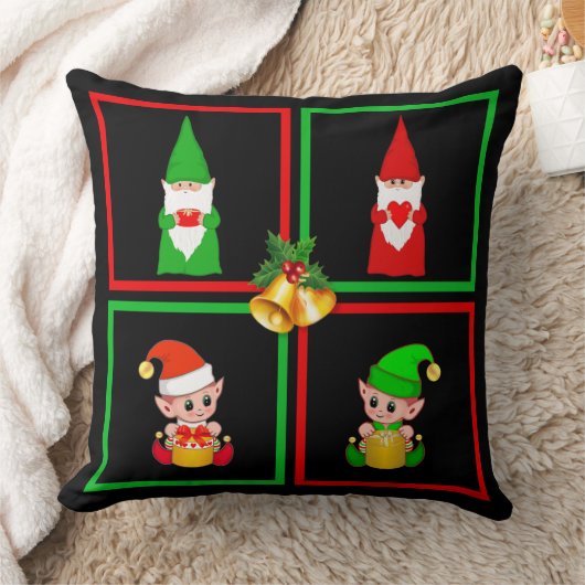 クリスマスの格言と小妖精や小人を黒、緑、赤 クッション (ブランケット)