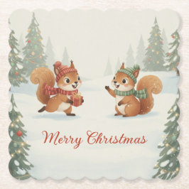クリスマスの森で戯れるリスたち ペーパーコースター