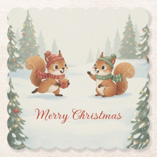 クリスマスの森で戯れるリスたち ペーパーコースター (正面)
