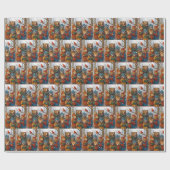 クリスマスの森の動物たちと雪の結晶 ラッピングペーパー (フラット)